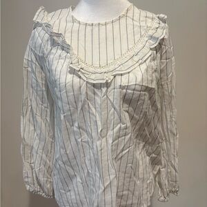 Madewell White and Black Striped Ruffle Yoke Neck Blouse